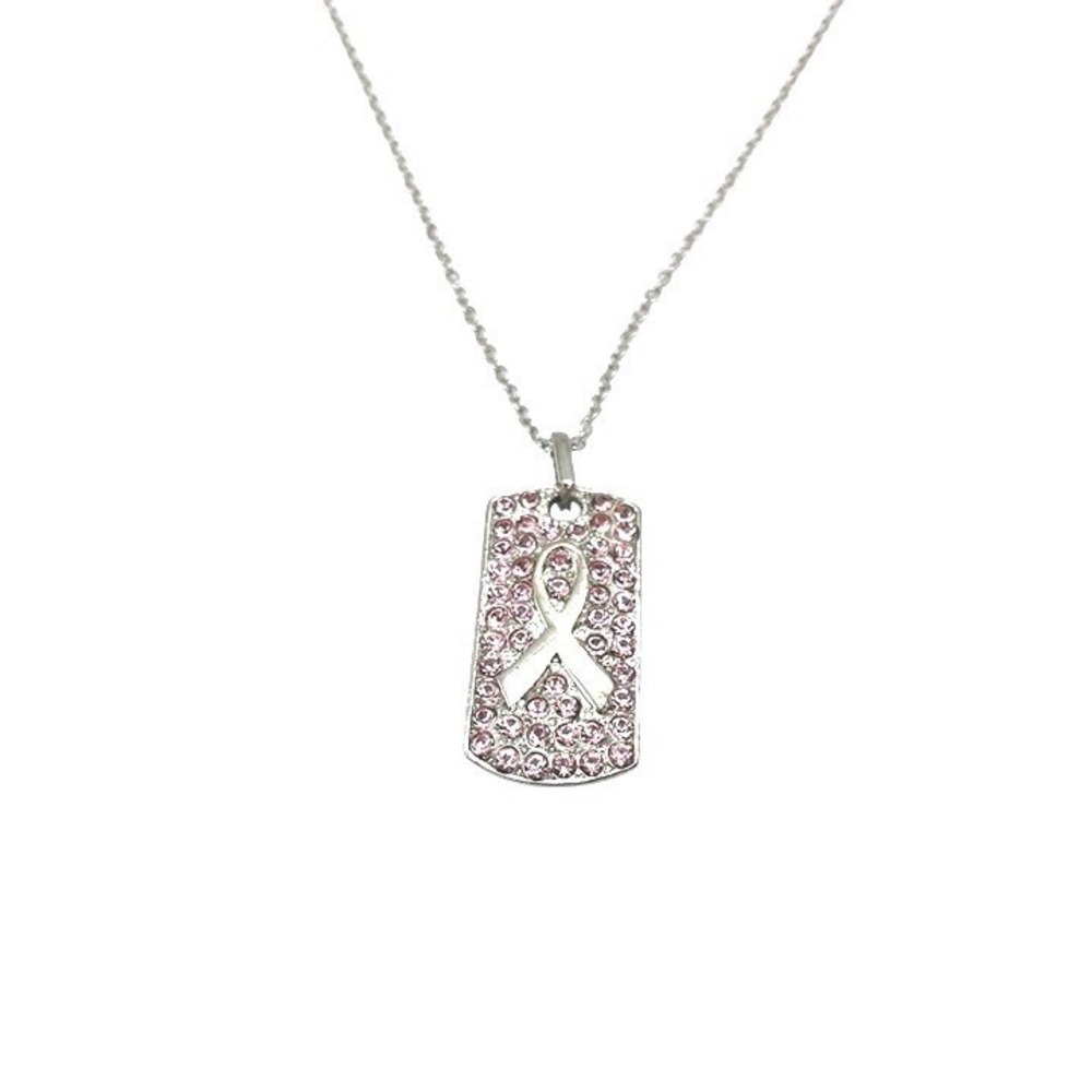 Breast Cancer Awareness Dog Tag Necklace Pink Rhinestone Ribbon Bling Sparkly